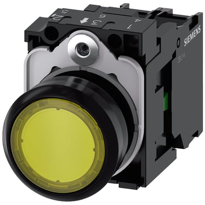 Siemens 22mm rund gul trykknap med 1NO kontakt og integreret 24V LED-modul, vist med bagmonteret kontakt.