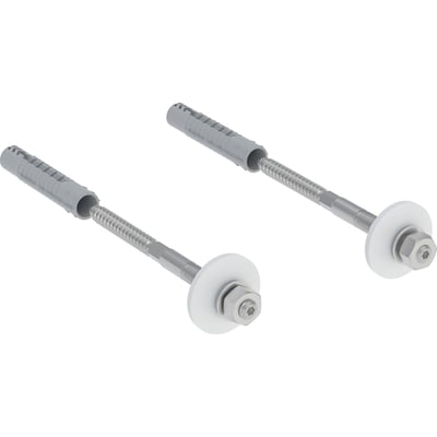 Geberit monteringssæt til håndvask med M10 gevind og 12 cm boltlængde, viser to komplette sæt med grå plugs og metaldele.