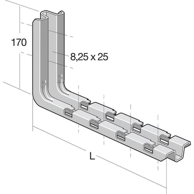 Detaljeret illustration af Legrand konsol CSN 100-RS med dimensioner 170 mm højde og 8,25 x 25 mm bredde.