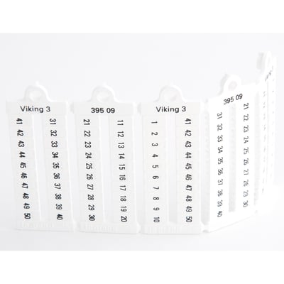 Legrand Viking 3 klemmemærkning med numrene 21-30 og 41-50 samt 1-10 vist horisontalt på hvid baggrund.