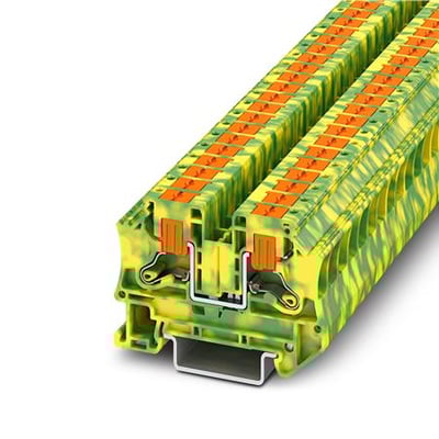 Phoenix Contact PTV 6-PE jordklemme, en række af grønne og gule klemmer med orange indsatser, monteret på en skinne.