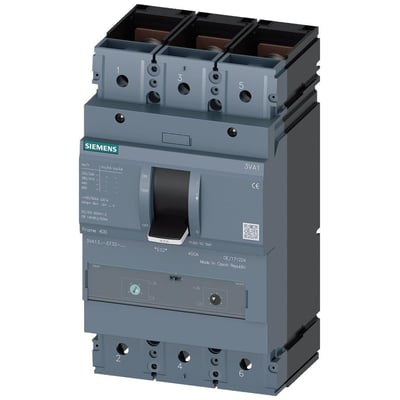 Siemens 3-polet maksimalafbryder 3VA1 Frame 400 med 36kA brydeevne, vist med betjeningshåndtag og numererede terminaler.