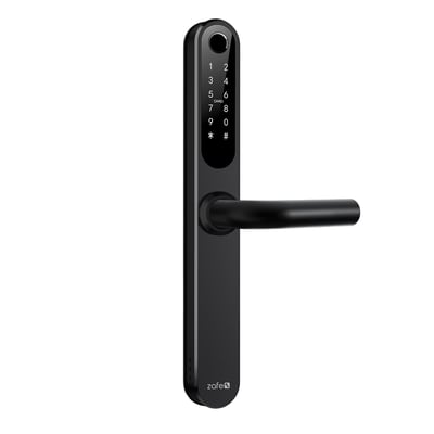 Sort Zafe T-Lock SCANDI appstyret smartlås med langt dørgreb, numerisk tastatur og kortlæser på fronten.