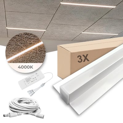 PureLED lysskinner til Troldtekt, sæt med tre hvide skinner på 60 cm og 4000K, vist med driver og kabler.