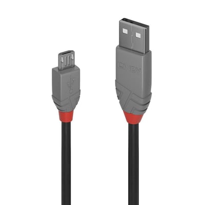Sort 2 meter USB 2.0 kabel med Type A og Micro-B hanstik, fremviser LINDY logo og røde detaljer på grå stik.
