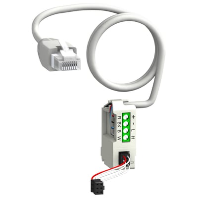 Detaljeret billede af Schneider Electric kommunikationsblok med RJ45 stik og tilslutningsblok.