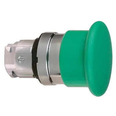 Nærbillede af Schneider Electric paddetrykshoved ZB4 i grøn, 40mm, med synlig fjeder-retur mekanisme og metalmontering.