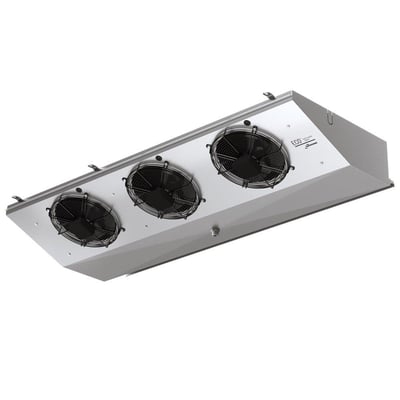 GSE Intégration GSE 33BL7 ED-fordamper med skråt, gråt kabinet og tre sorte ventilatorer set nedefra.