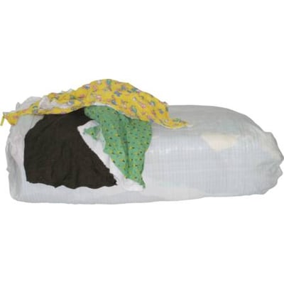 En stor, gennemsigtig plastpose indeholdende en stor mængde kulørte bomuldspudseklude, 25 kg.