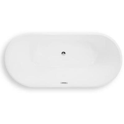 Oversigtsbillede af et fritstående, ovalt badekar i mat hvid akryl med dimensionerne 1800 mm, der viser krom bundventil og overløb.