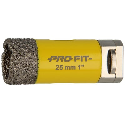PRO-FIT diamanthulsav på 25 mm med gul cylinder og diamantbelagt skæreside mod venstre.