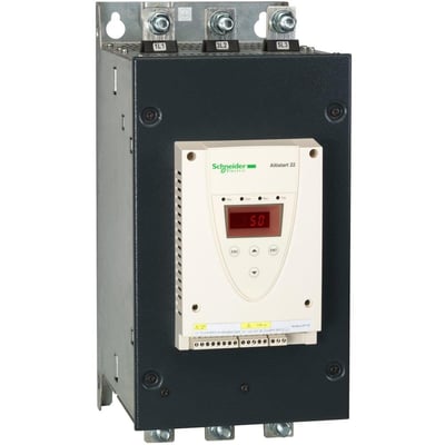 Schneider Electric Altistart 22 softstarter set forfra, viser mærke, model og kontrolknapper på hvidt panel.