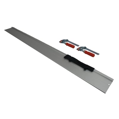 Eibenstock 750mm styreskinne til diamantsav EDS 125, vist med to skruetvinger og føringsbeslag på hvid baggrund.
