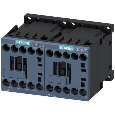 Siemens Sirius contactor relæ med 4 NO kontakter og 220V DC spole, vist på neutral baggrund med tydelig mærkning.