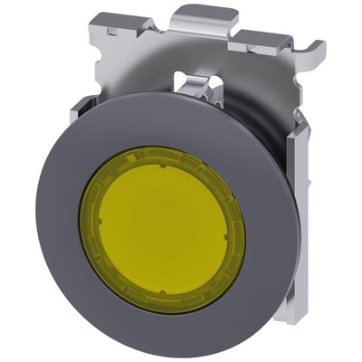 Siemens trykknap lys med gul linse, 30mm rund frontring af mat metal og integreret hus.