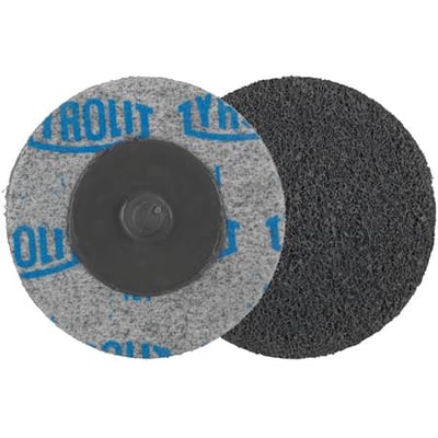 Tyrolit Qdisc PRESSET51XR 8 A, en grov vlies-afgratningsskive med et gråt monteringshoved og et mørkt slibende ydre.