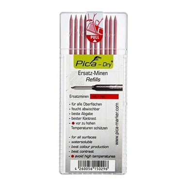 Nærbillede af Pica Dry refills, der viser de 10 røde stifter i en gennemsigtig emballage med tysk og engelsk tekst.