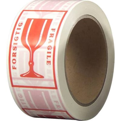 Antalis forsigtig tape, 50mm x 66m, hvid med rødt symbol for skrøbeligt gods og tekst 'FORSTIGTIG FRAGILE'.