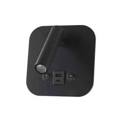 V-TAC LED sengelampe i sort aluminium med vægmontering, 8W CREE-chip og USB/PD opladningsporte.