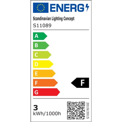 Energimærke F for SLC LED strip S11089, viser 3 kWh/1000h på hvid baggrund med EU-symbol.