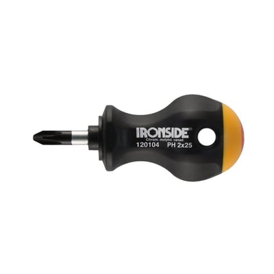 Ironside PH1 tumling-skruetrækker med kort klinge og sort håndtag med gul endekappe, set fra siden.