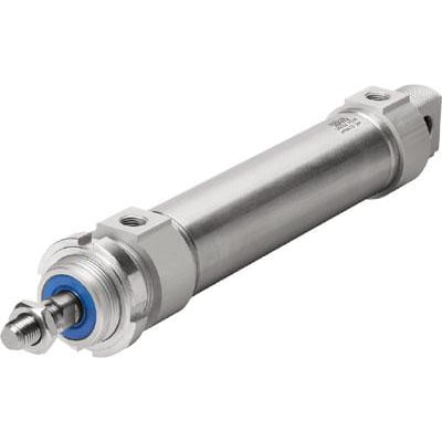 Festo rundcylinder DSNU-50-250-PPV-A i rustfrit stål med en slaglængde på 250 mm og 50 mm stempeldiameter, vist med en justerbar endepositionsdæmpning.