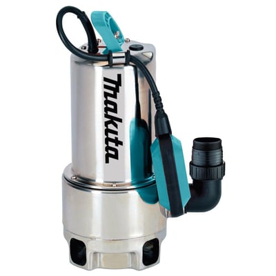 Makita PF1110 dykpumpe set fra siden, med fokus på tilslutningsstykket og det 10 meter lange kabel.