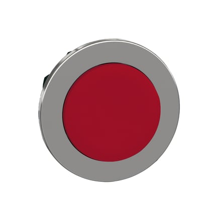 Schneider Electric Harmony XB4 trykknaphoved ZB4FL4, rød, flush med metalring og hvid baggrund.