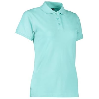 ID Identity mintgrøn poloshirt til damer i størrelse M, fremstillet i piquékvalitet med stretch. Shirtens krave og knaplukning ses tydeligt på den lyse baggrund.
