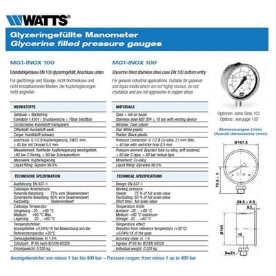 Watts glycerin manometer til industrielt brug, model MG1-INOX 100, med Ø100mm ur og ½" lodret gevind. Inkluderer tekniske specifikationer og dimensionstegning.