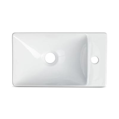 Hvid, firkantet håndvask i keramik, 38x22x10 cm, med hanehul til højre og uden overløb.
