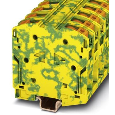 Phoenix Contact PTPOWER 50-PE jordklemme i grøn/gul med Power-Turn tilslutning, viser montering på NS 35/15 skinne.