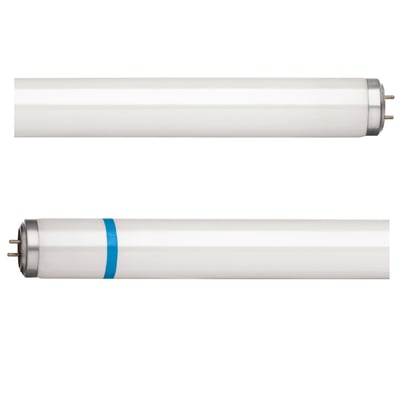 Philips Lighting Actinic BL TL-D Secura lysstofrør på 15 W med hvidt rør, blå markering og G13-stifter.