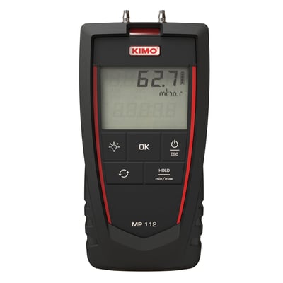 Kimo MP112S D M differenstryksmanometer med digital skærm, der viser 62.71 mbar. Instrumentet har sorte knapper og røde detaljer.