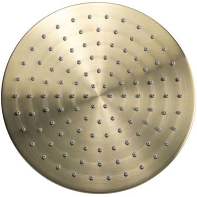 Rund hovedbruser Ø250 mm i børstet guld med en 1/2" tilslutning og mange små dyser, vist mod en hvid baggrund.