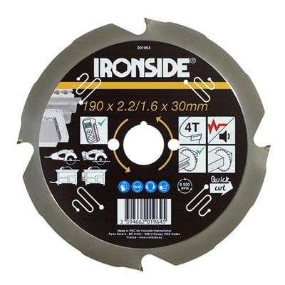 Ironside rundsavklinge til fibercement, set forfra med mørk metalklinge og mærkat med mål og fire tænder.