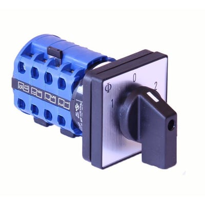 Kraus & Naimer Dahlanderomskifter 20A med frontmontering, 1-0-2 funktion og 4 huls fastgørelse, vist på hvid baggrund.