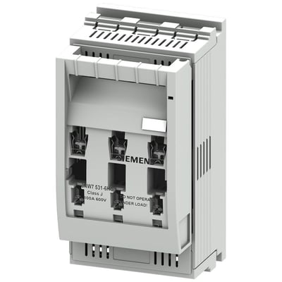 Siemens Sentron J sikringsholder, 3-polet, 100A og 600V, med mærkat der viser typenummer og advarsel.