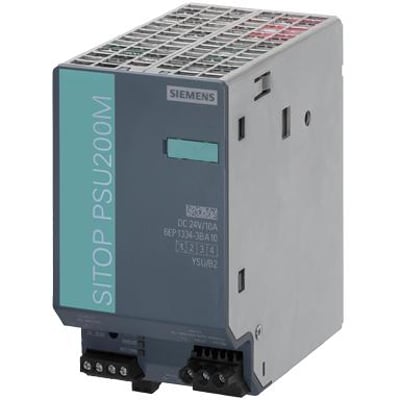 Siemens SITOP PSU200M DC 24V 10A reguleret strømforsyning med mærkat, der viser tekniske specifikationer og tilslutningsmuligheder.