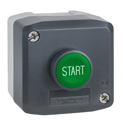 Schneider Electric trykknapbox i grå og sort med en grøn "START" trykknap og tydelig branding, monteret på hvid baggrund.