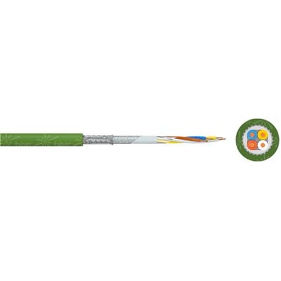 Faber Industrial Dataline P200 FC Inst. (A) SFTP PVC Kat.5e LAN kabel i grøn med synlige kernefarver blå, orange, gul og hvid samt tværsnit.