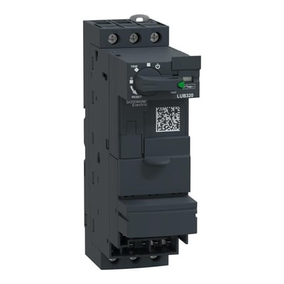 Schneider Electric TeSys Model U grundmodul LUB320 set fra venstre side, med et QR-kode mærkat synligt på den mørkegrå plaststruktur.