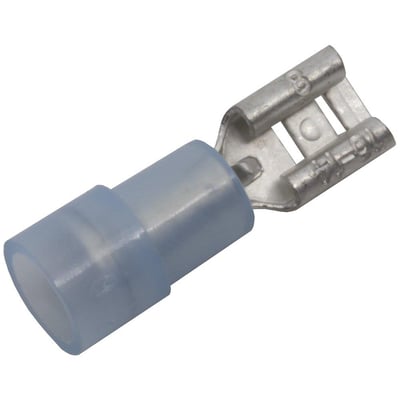 Elpress spademuffe blå, vist fra siden med fokus på den klare, lyseblå isolering og messingterminalen til 1,5-2,5mm².