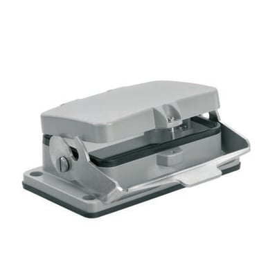 Weidmüller chassishus størrelse 12 med låg og 1 bøjle, grå plast og metal på hvid baggrund.