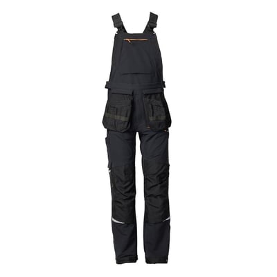 Kansas Evolve stretch overalls i sort, str. C56, vist forfra med mange detaljerede lommer og CORDURA-forstærkning ved knæ og ankler.
