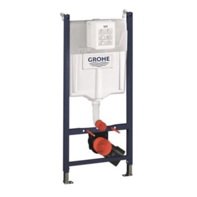Grohe Rapid SL monteringselement med integreret cisterne til væghængt toilet, med mørk ramme og orange tilslutninger.