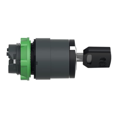 Schneider Electric nøgleafbryder med 2 faste positioner, sort plast og grøn monteringsring.