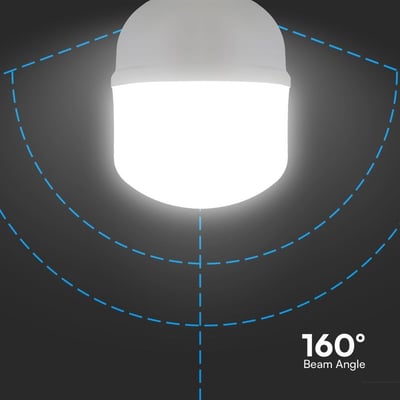 V-TAC LED pære med 160 graders spredningsvinkel visualiseret med blå linjer på mørk baggrund.