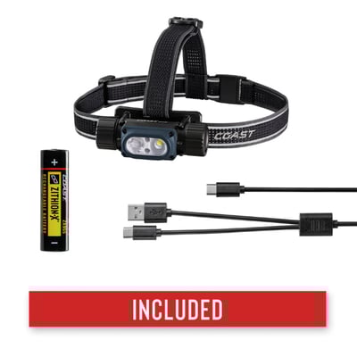 Inkluderet tilbehør til Coast WPH34R pandelampe, herunder genopladeligt batteri og USB-C kabler.