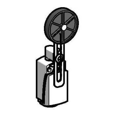 Schneider Electric XCKD endestop med variabel metal arm og stempel rulle, viser 1 NC+1 NO kontaktkonfiguration og M16 tilslutning.